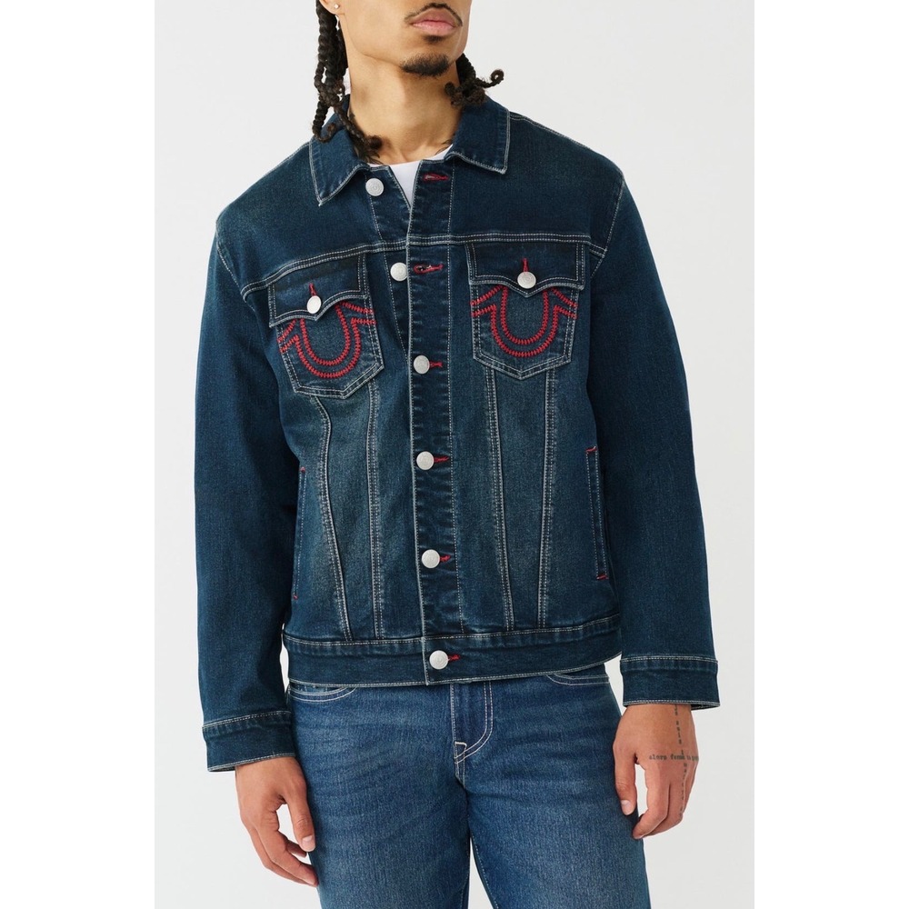True Religion NWT Mens Red Ladder Stitch Jimmy Denim Trucker Jacket Large Y2K